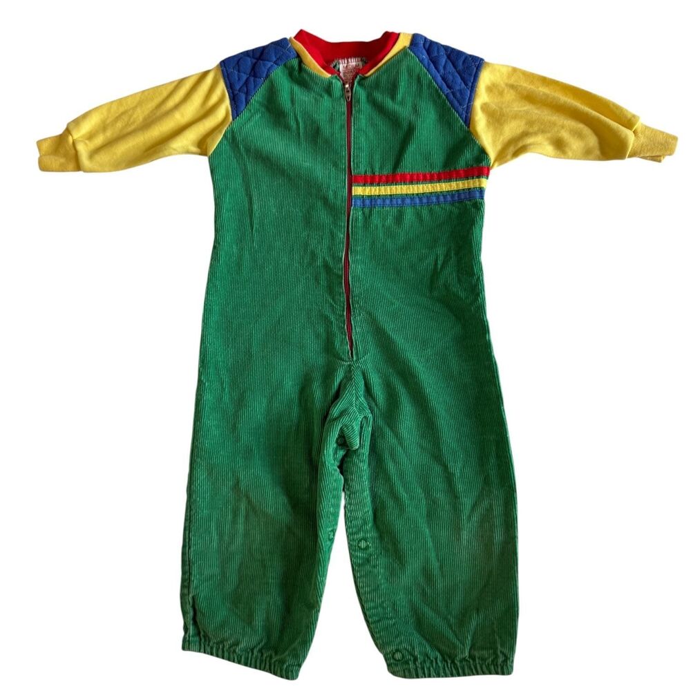Vintage Sears Medium Infant Corduroy Jumpsuit Romper Green Rainbow Stripes USA